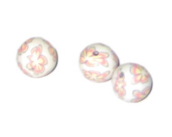14mm White Floral Polymer Clay Bead, 10 beads