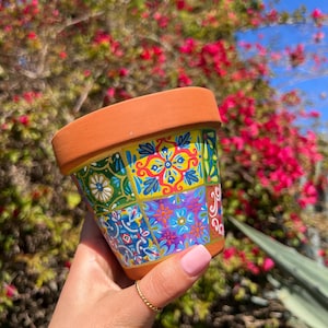 Handmålad terrakottakruka - Suckulentplanter, skrivbordsorganisatör, blomkruka, mexikanska kakelplattor.