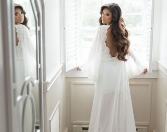 The Alisha Open Back Bridal Robe with Crochet Trim & Beading