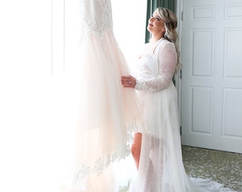 The Samantha Glitter Bridal Robe with Crochet Lace Trim