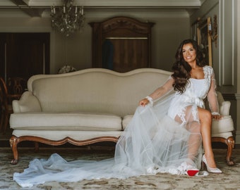 The Lena Mesh Bridal Robe with Floral Beaded Applique