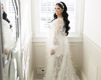 The Lillianna Embellished Feather Bridal Robe with Plush Feather Trim