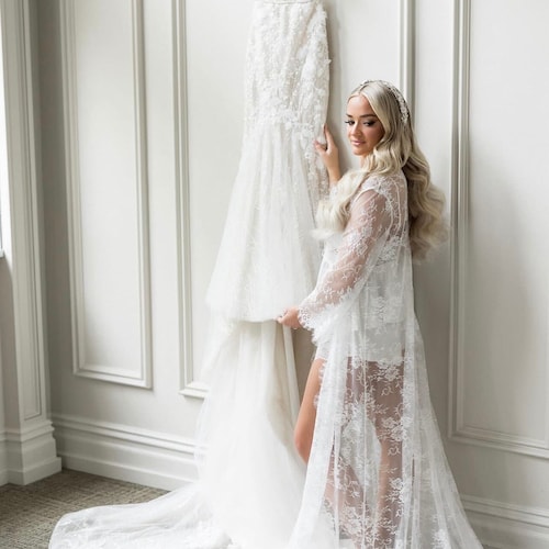 The Alina Lace Bridal Robe with Scallop Lace Trim