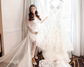 The Melina Mesh Bridal Robe with Crochet Lace Trim