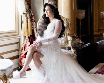 The Ellianna Mesh Bridal Robe with Floral Crochet Trim