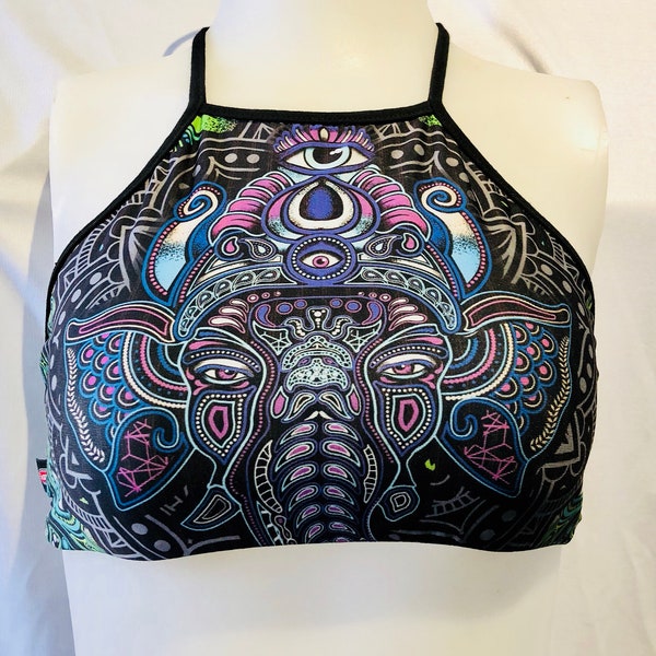 Psychedelic Halter Top Ganesh Trippy elephant festival fashion yoga yogawear boho hippie goa rave swimming surfing