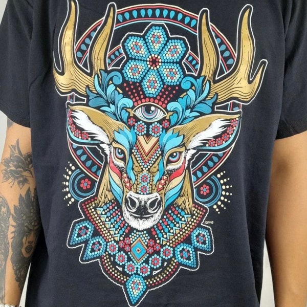 T-shirt psychédélique Deer Peyote Third Eye - Cadeau de mode festival pour lui - UV Actif - Lumière noire - Festival d’art visionnaire
