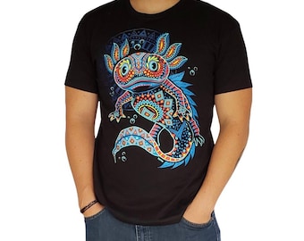 T-shirt psichedelica Axolotl Ajolote - Moda da festival - Regalo per lui - UV attiva - Psy wear - Black Light - Visionary Art