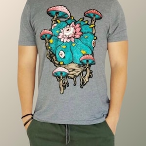 Camiseta psicodélica con setas mágicas de peyote, atuendo rave alucinógeno y psicodélico, festival chamánico, arte visionario, ropa psicológica