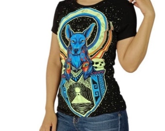 Psychedelic inspired Egyptian God Anubis Deity Dog T-shirt UV reactive Trippy Visionary Art Festival Rave Fashion Psywear