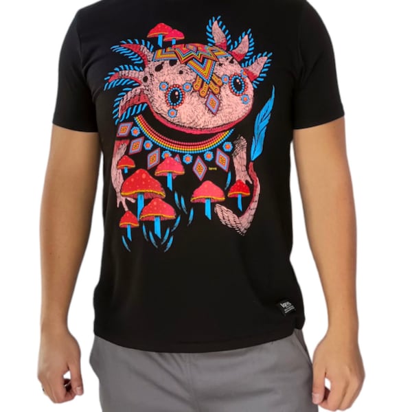 Psychedelic Axolotl T-shirt UV Reactive Print Black Light Trippy Rave Psywear Festival Wear Mexican Art