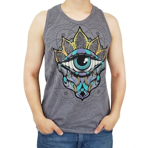 Psychedelic Tank Top Eye Mandala - Festival Fashion - Gift for him - UV Fluorescent Active - Trance wear - GOA - Black Light- Visionary Art