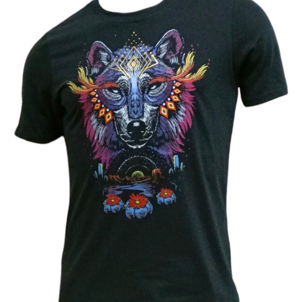 Psychedelic Wolf Coyote Huichol Peyote Moon Sacred T-Shirt  Festival Fashion  Gift for him UV Active - Psy wear - Black Light- Visionary Art