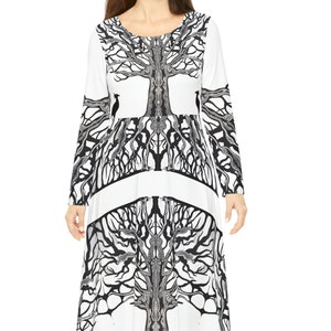 Women's Long Sleeve Dress. Flare dress. Dress with art. Dress with trees and birds. Skater dress. Black and white  dress. Art nouveau dress