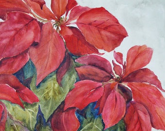 May include: A watercolor painting of red poinsettia flowers with green leaves against a light gray background.