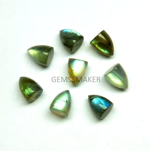 May include: Eight polished labradorite gemstones are arranged in a circular pattern. The stones exhibit a range of colours, including green, blue, and yellow, with a polished finish. The text "GEMSSMAKER" is visible.
