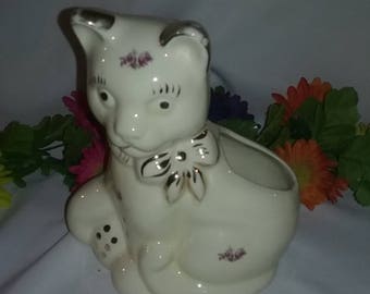 Cat pottery planter, gold trim,floral desigern,cat planter, small cat plant