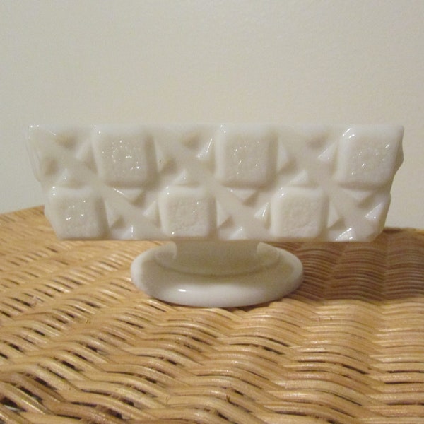 Vintage Westmoreland Old Quilt Pattern Milk Glass Candy Dish, Square, White Milk Glass Pedestal Candy Dish