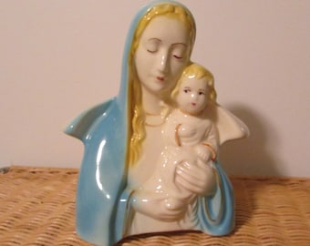 Vintage American Bisque 50s Madonna & Child Head Vase Planter Mary with Baby Jesus
