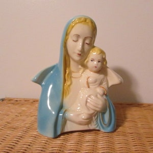 Vintage amerikansk bisque 50-tals Madonna och barn huvudvas planteringskärl Maria med Jesusbarnet