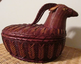 Vintage Handmade Large Ram Wicker Basket Storage Box, Mid Century Ram Wicker Basket,