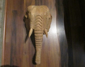 Large Hand Carved Wood Elephant Head