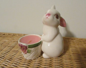 Vintage Avon Bunny Candle Holder, Bunny Candle Figurine, Easter Decoration, Bunny with Basket Votive Holder