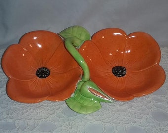 Vintage Orange  double bowl handle Dogwood Candy Dish by Holland Mold