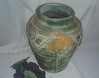Rare Vintage Green Pottery Vase with Grape Metal Design,Rustic Grape Vase