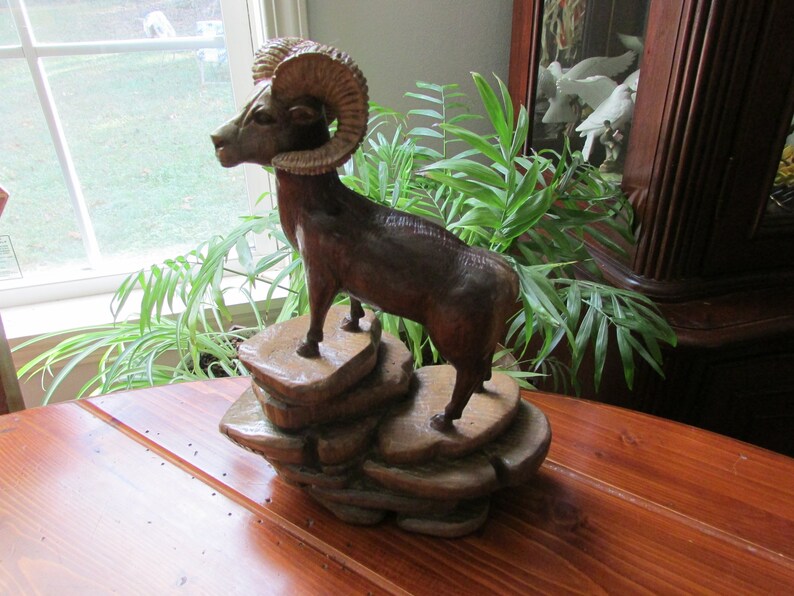 Bighorn Sheep Sculpture Signed by Artist Vintage Climbing Ram Statue