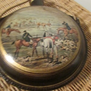 Vintage Holz Feldflasche mit Foto einer Fuchsjagd Made in Italy