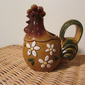 Rare Vintage  Brown Chicken Creamer White Flowers, Rooster Creamer