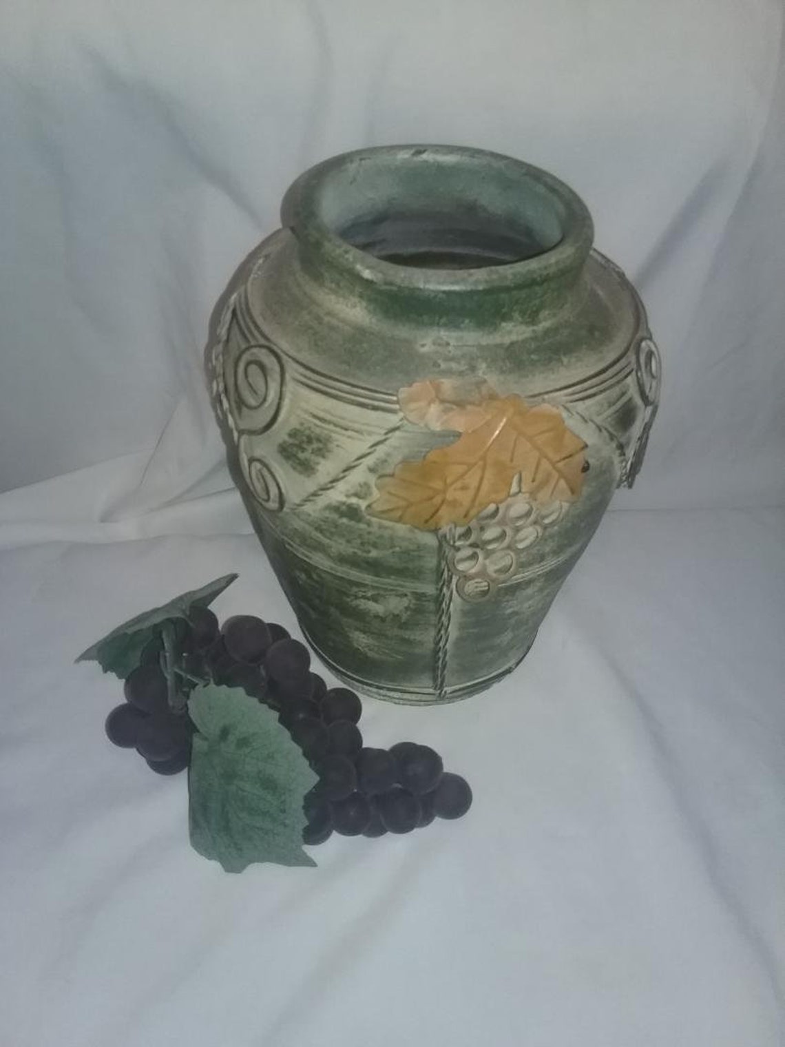 Rare Vintage Green Pottery Vase With Grape Metal Designrustic Etsy