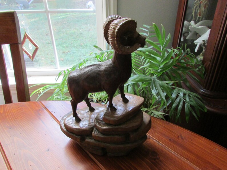 Bighorn Sheep Sculpture Signed by Artist Vintage Climbing Ram Statue