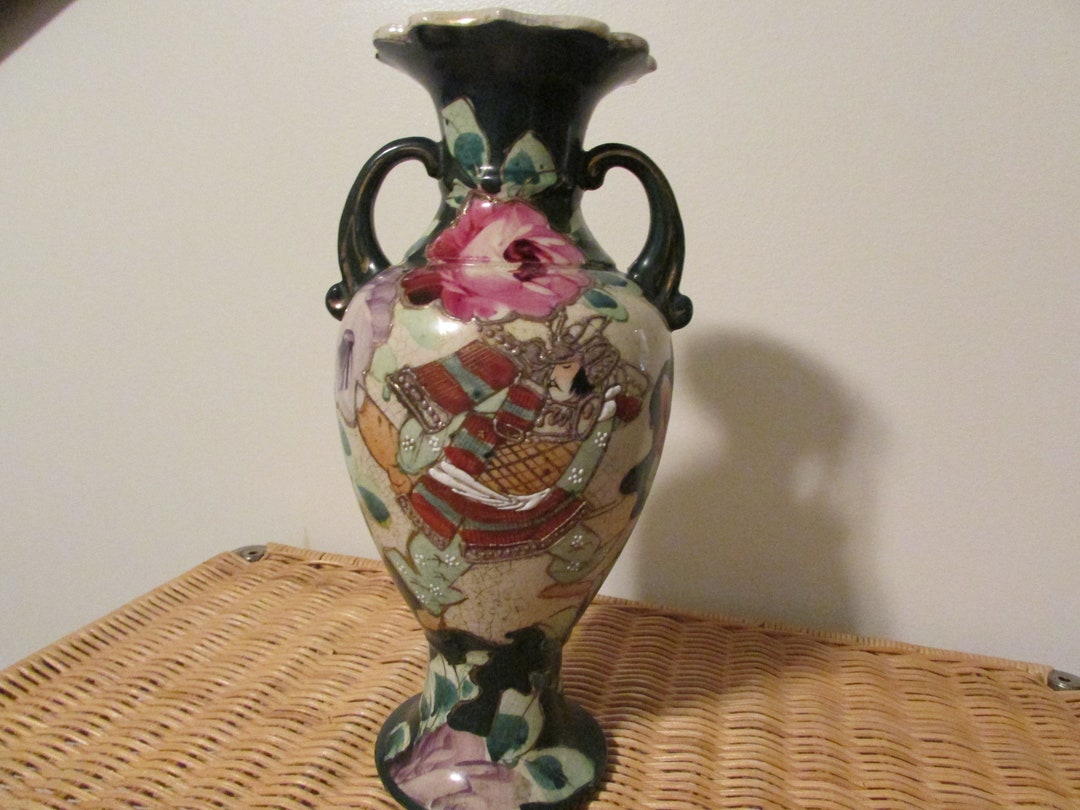 Old Hand Painted Japanese Floral Vase Raised Gold Handle Etsy