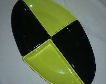 Vintage Miramar pottery of California snack trays,Lime green and black snack trays,California pottery.