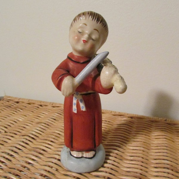 Vintage Violin Playing Monk Figurine , Hand Painted , Musical Friar, Wales Crown Sticker made in Japan