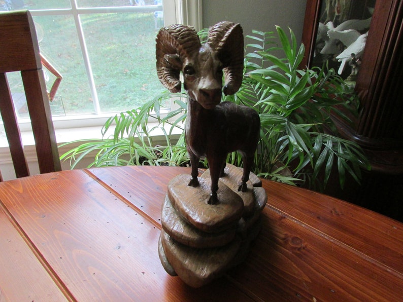 Bighorn Sheep Sculpture Signed by Artist Vintage Climbing Ram Statue