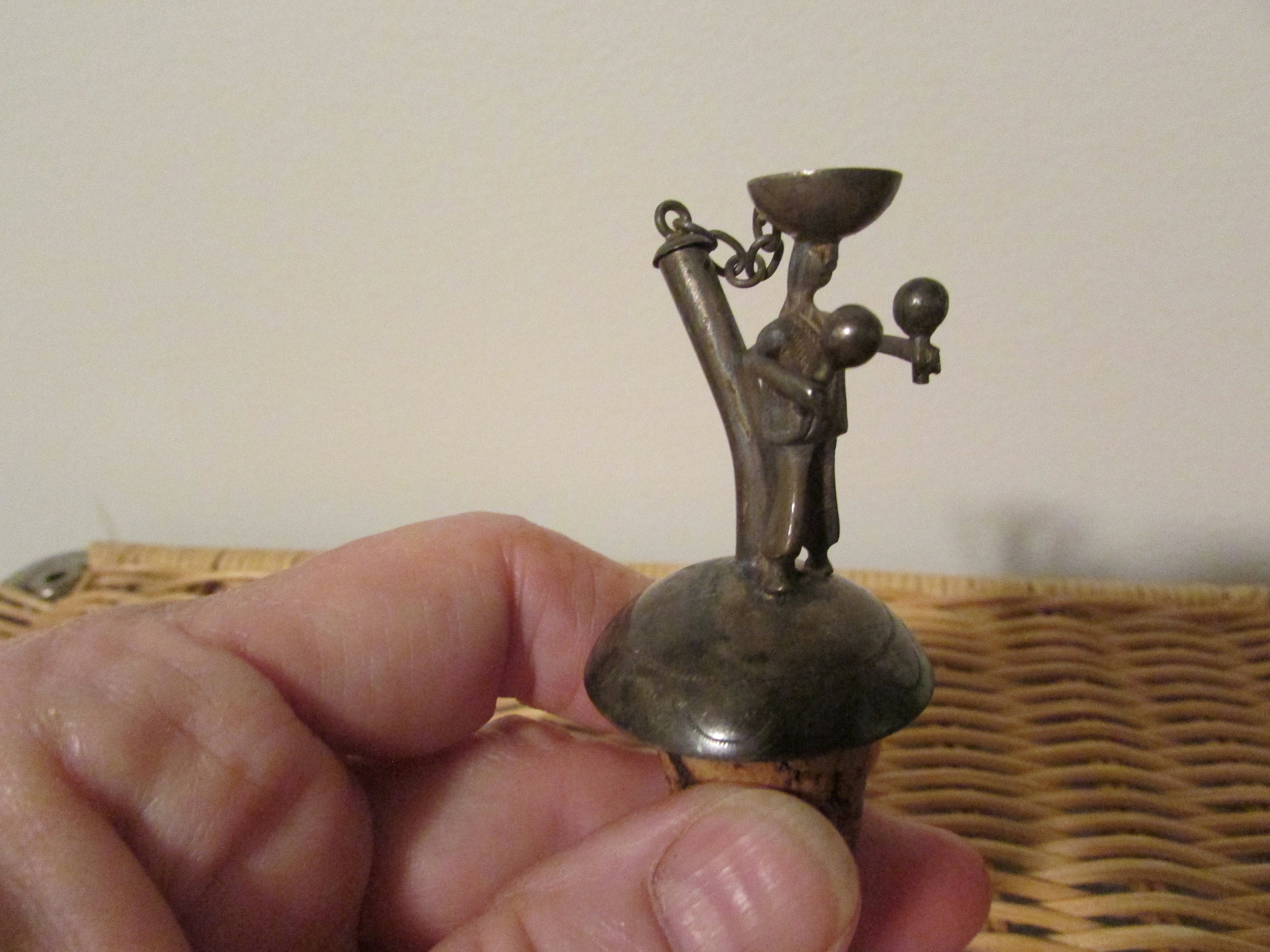 Antique Rare detailed  figural with maracas  bottle pourers With Cap Stopper on a Chain