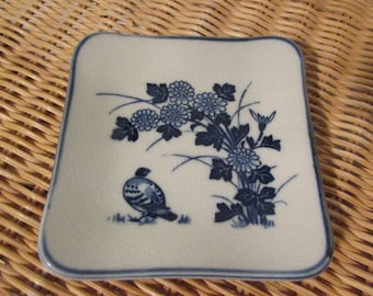 Vintage Small Ceramic Square Tray With Blue Flowers, Blue Bird, and Artist Crazing