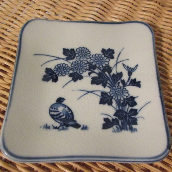 Vintage Small Ceramic Square Tray With Blue Flowers, Blue Bird, and Artist Crazing