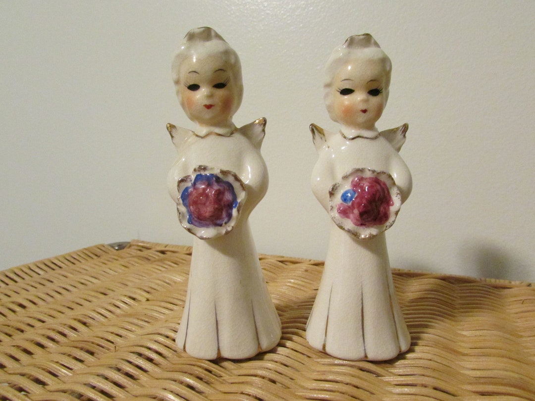 Set of 2 Vintage Ceramic Angel Figurines With Flower Bouquets Etsy