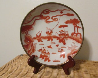 Vintage T.F.F. Orange Brass Back Porcelain Bowl of Kids Playing, Porcelain Ware Brass Enclosed  Bowl, Brass Encased Porcelain Bowl