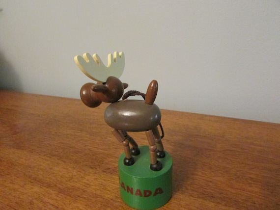 Vintage Wooden Push Button Thumb Collapsible Moose Canada Toy Etsy