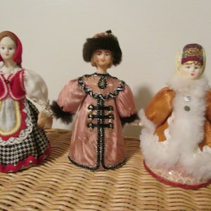 Vintage Set of 3 Notewhbia Made in Russia Cloth Porcelain Cone Doll, Russian Folk Art Doll, Russian Doll