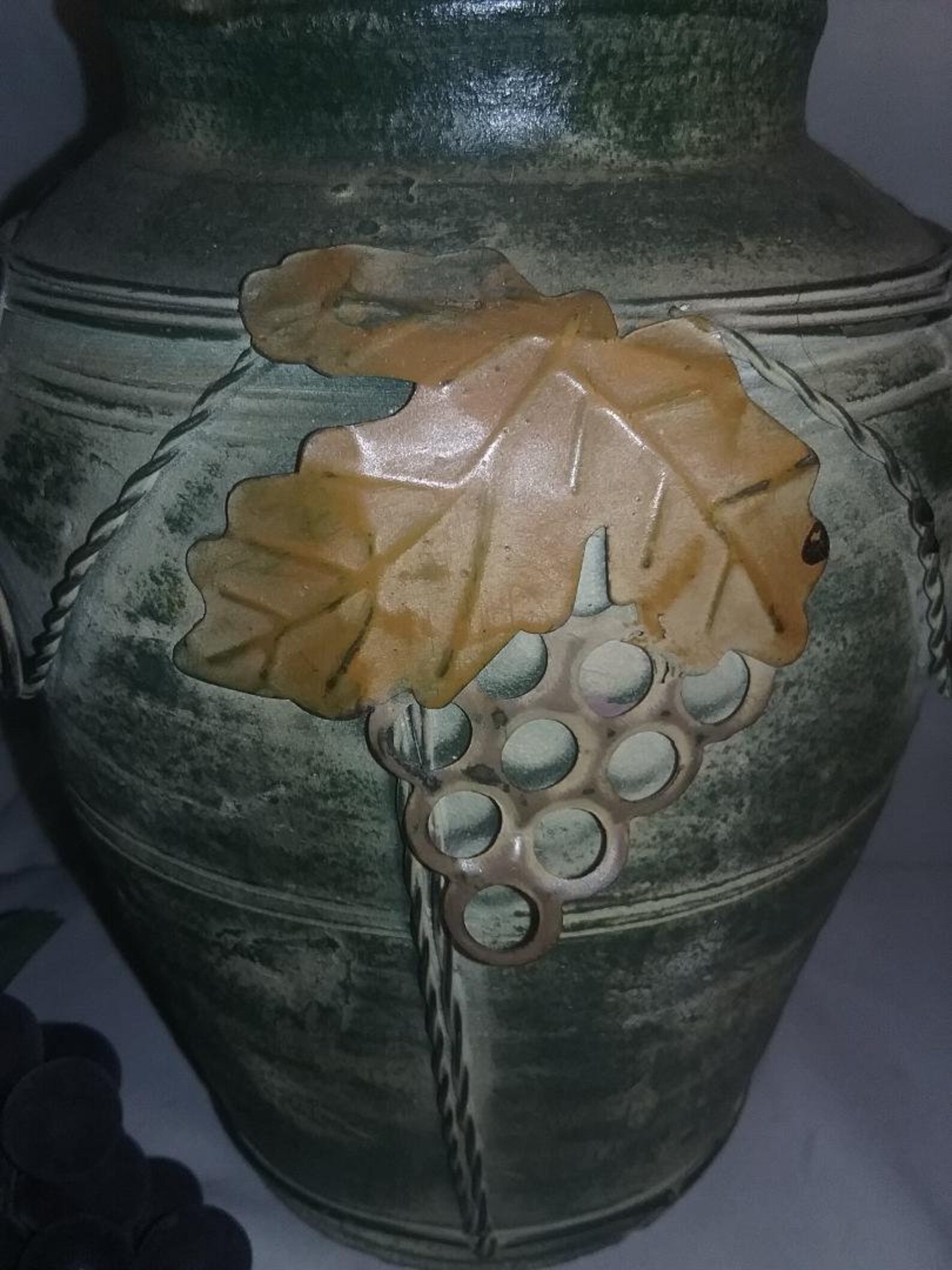 Rare Vintage Green Pottery Vase With Grape Metal Designrustic Etsy