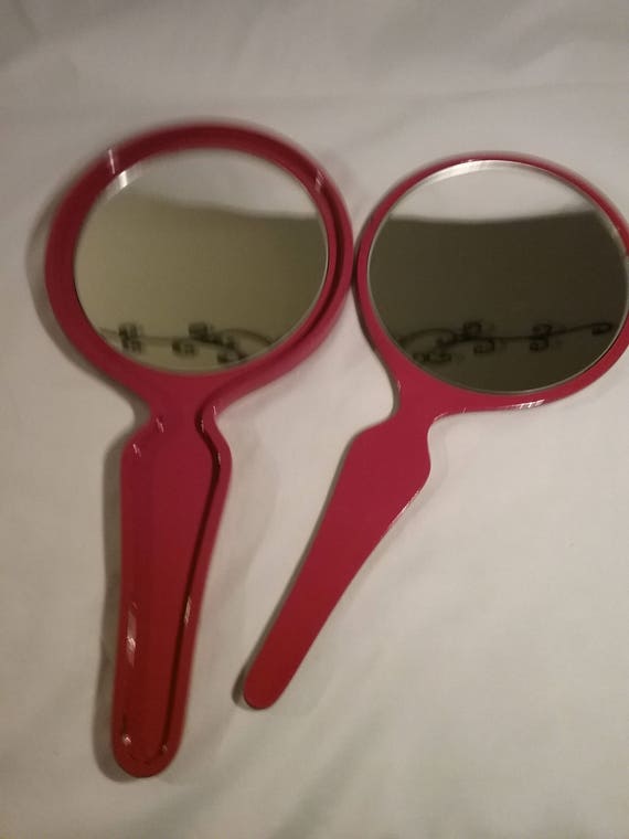Rare Vintage Red Fl Handheld Cosmetic Vanity