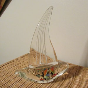 Vintage  Murano-Style Art Glass Blue Sailboat Figurine - 9 1/2&quot; Tall Decorative & Handmade Blown Sculpture Design - Home Decor