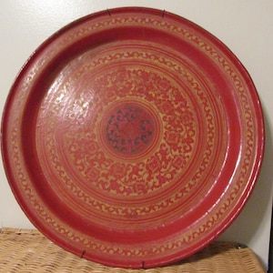 Vintage large wall mandala design round tray with wicker look back
