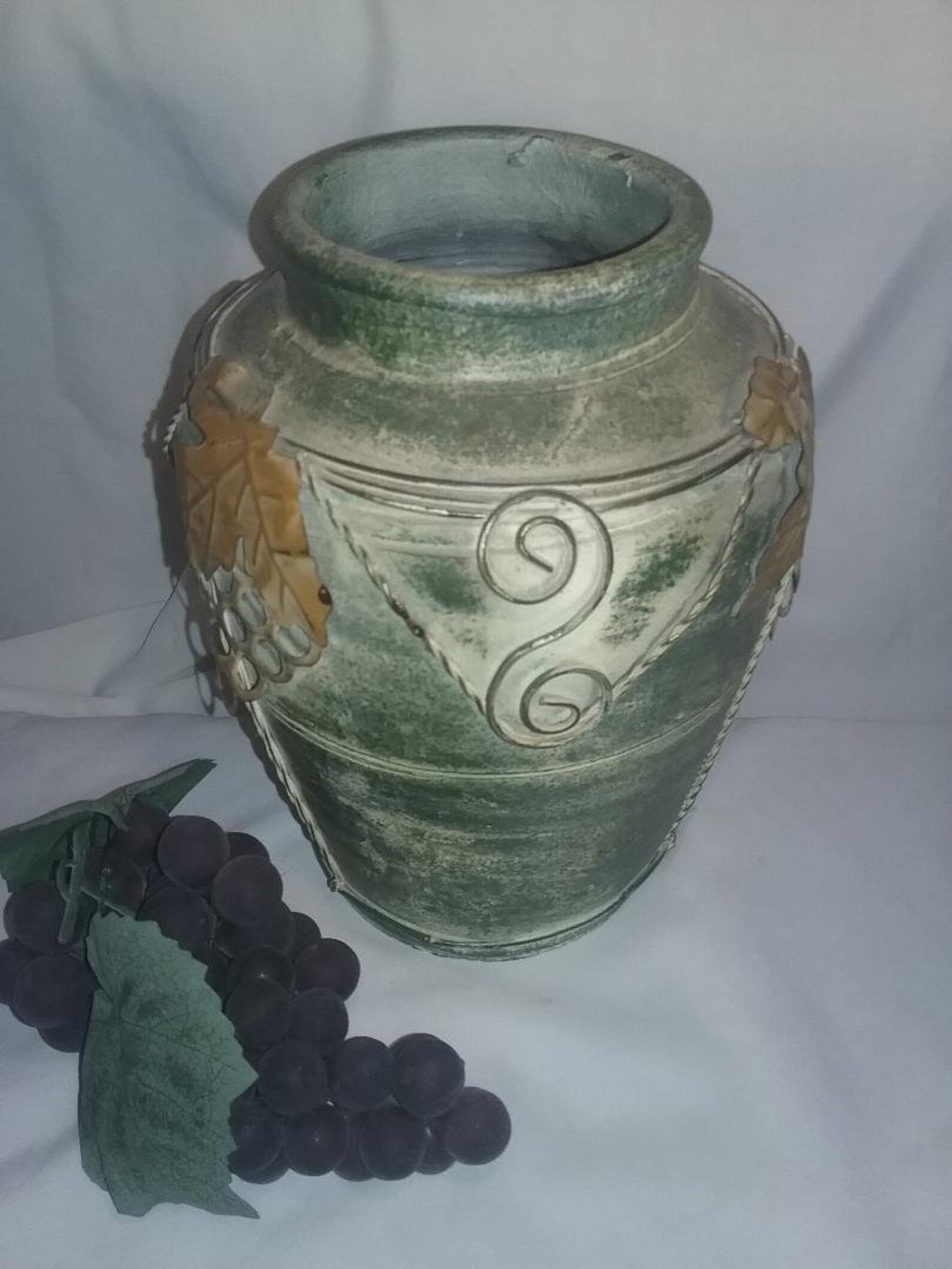 Rare Vintage Green Pottery Vase With Grape Metal Designrustic Etsy